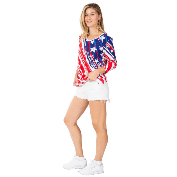 Women's Patriotic Stars and Stripes 3/4 Sleeve Top