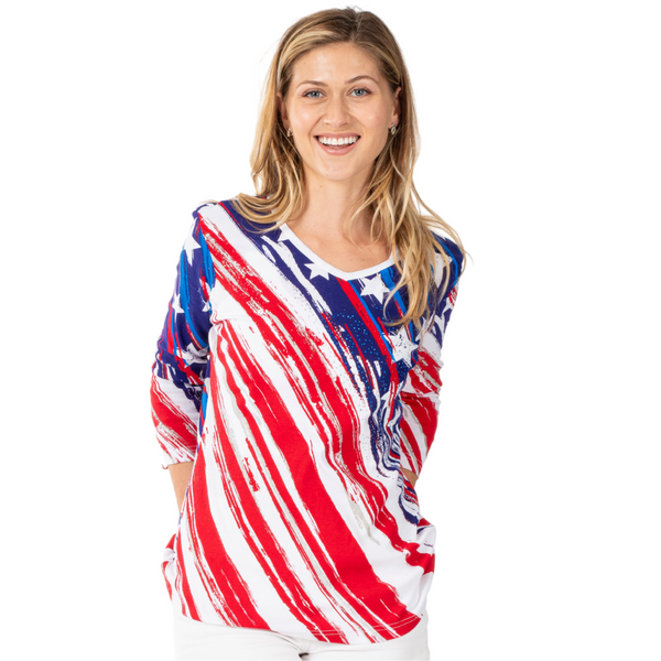 Women's Patriotic Stars and Stripes 3/4 Sleeve Top