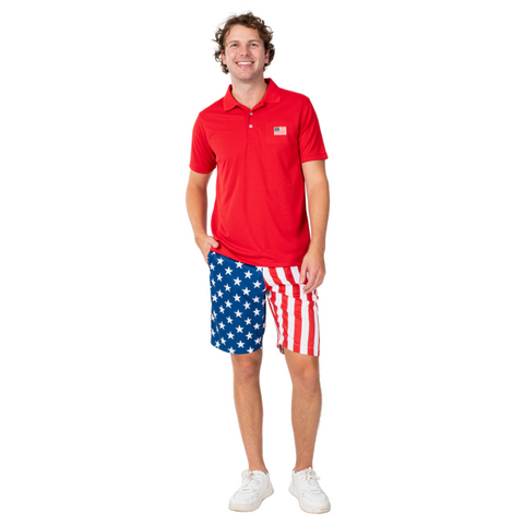 Men's Classic Flag Tech Polo Shirt-Red