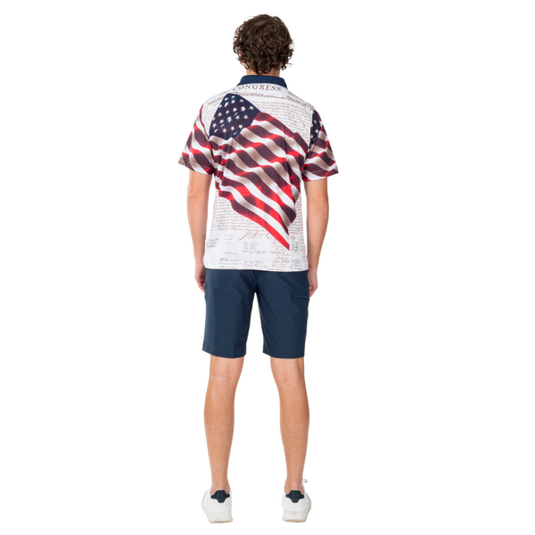 Wicking performance waving american flag polo shirt