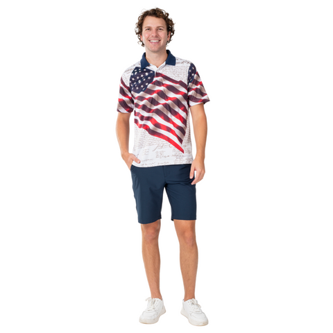 Wicking performance waving american flag polo shirt