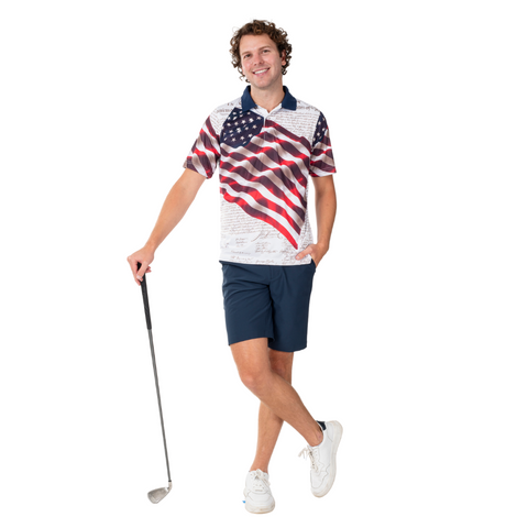Wicking performance waving american flag polo shirt