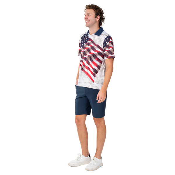 Wicking performance waving american flag polo shirt