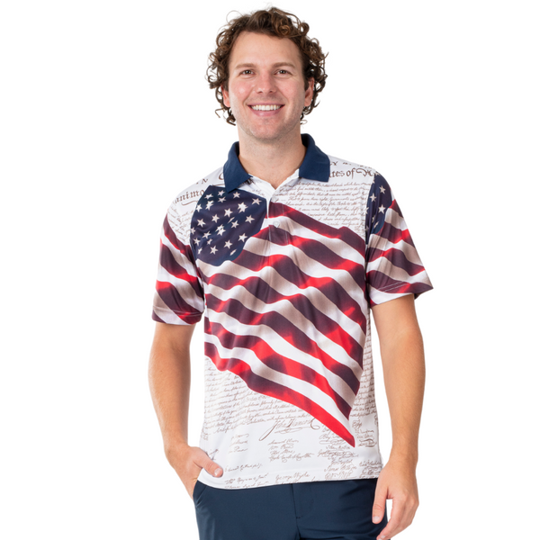 Wicking performance waving american flag polo shirt