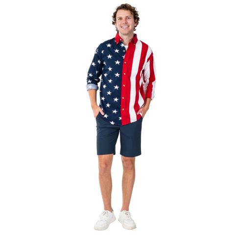 Men's Stars & Stripes 100% Cotton Long Sleeve Button-Up Shirt