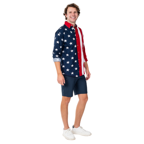 Men's Stars & Stripes 100% Cotton Long Sleeve Button-Up Shirt