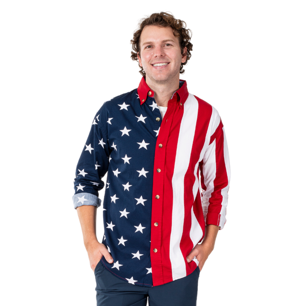 Men's Stars & Stripes 100% Cotton Long Sleeve Button-Up Shirt