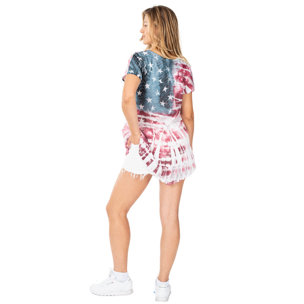 Women's Made in USA American Flag Tie-Dye Rhinestones Top