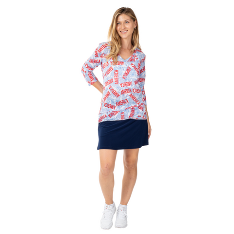 Women's America Print 3/4 Sleeve Criss Cross Shirt