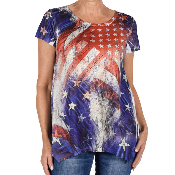 Women's Made in USA American Flag and Rhinestones Top