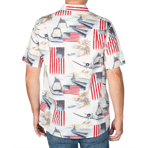 Men's Battleship American Flag 100% Cotton Button-Down Short Sleeve Shirt - the flag shirt