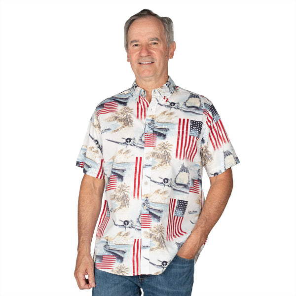 Men's Battleship American Flag 100% Cotton Button-Down Short Sleeve Shirt - the flag shirt