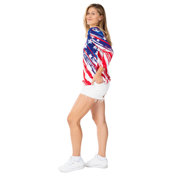 Women's Patriotic Stars and Stripes 3/4 Sleeve Top
