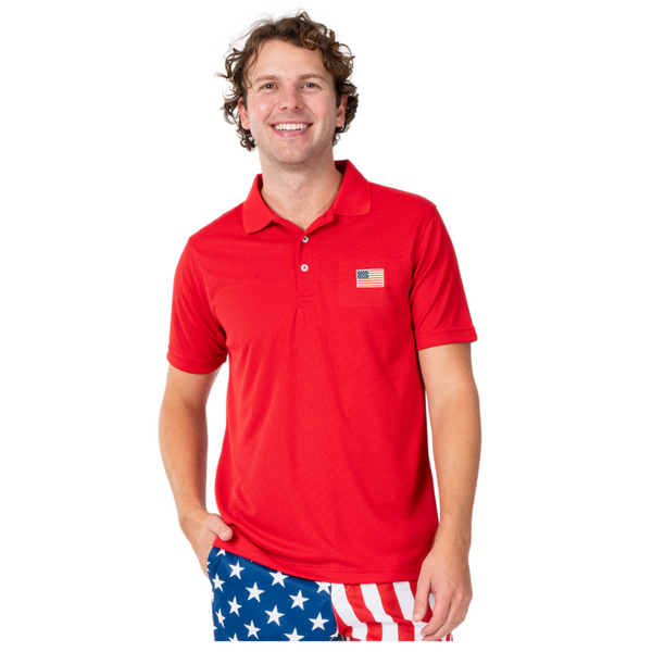 Men's Classic Flag Tech Polo Shirt-Red