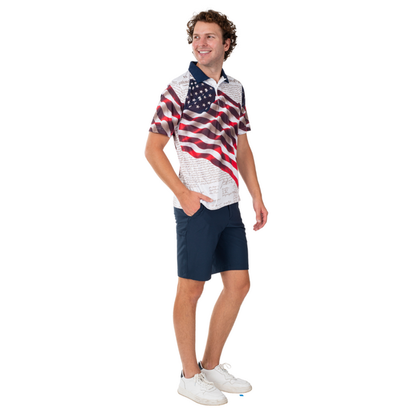 Wicking performance waving american flag polo shirt