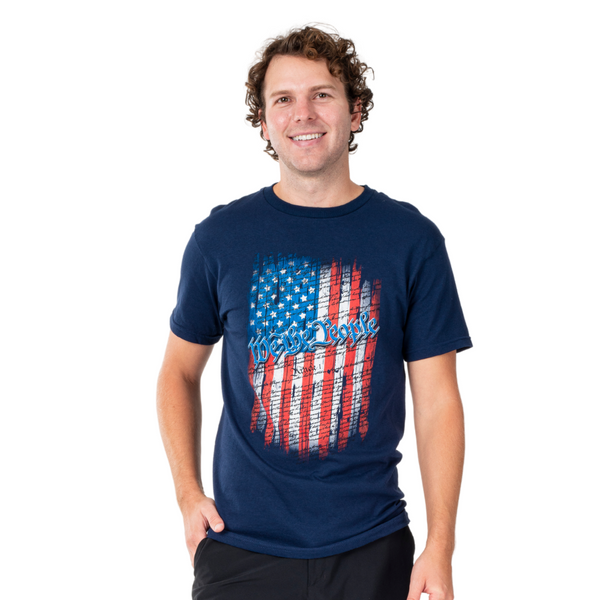 Navy T-shirt with a distressed American Flag and the Preamble to the Constitution with a highighted We the People in Old English Script
