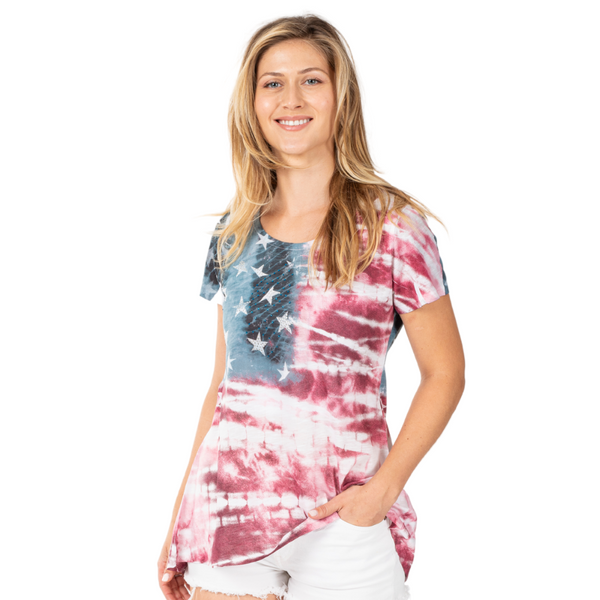 Women's Made in USA American Flag Tie-Dye Rhinestones Top