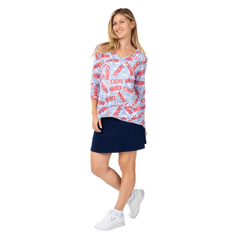 Women's America Print 3/4 Sleeve Criss Cross Shirt