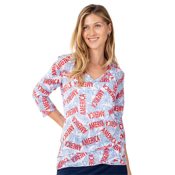 Women's America Print 3/4 Sleeve Criss Cross Shirt