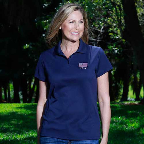 Ladies 3 Button Patriotic Polo Shirt Navy - 4th of july shirts