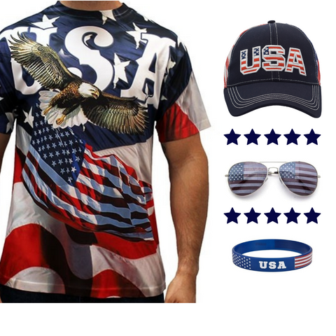 Men's USA Eagle Flag Shirt, Hat, Sunglasses, and Wristband Set