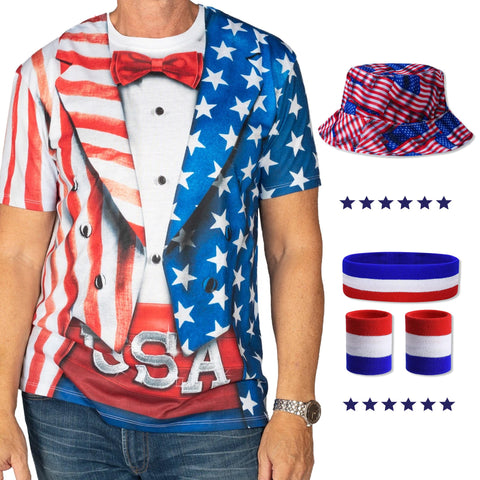 Men's 4th of July Party Bundle, Shirt, Hat and Wristband Set