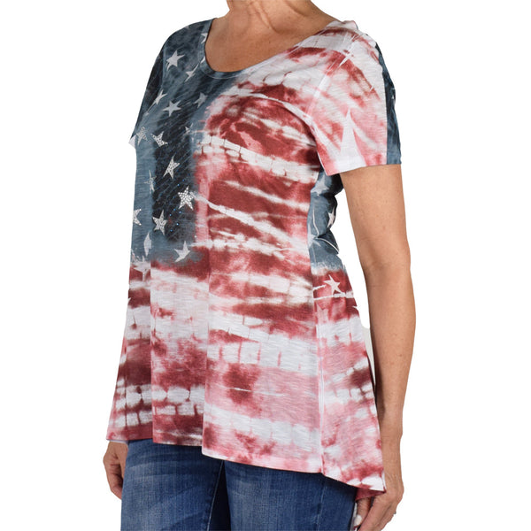 Women's Made in USA American Flag Tie-Dye Rhinestones Top