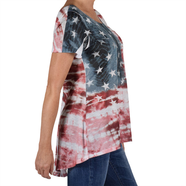 Women's Made in USA American Flag Tie-Dye Rhinestones Top