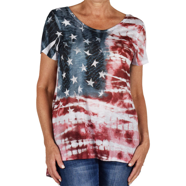 Women's Made in USA American Flag Tie-Dye Rhinestones Top