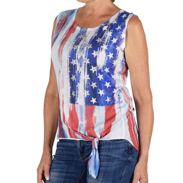 Women's Made in USA American Flag Tie Waist Sleeveless Top