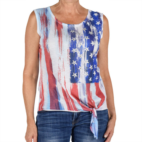 Women's Made in USA American Flag Tie Waist Sleeveless Top