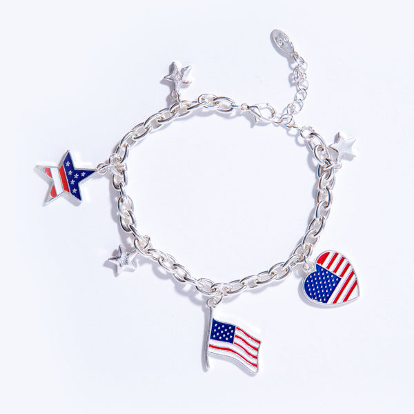 American Flag Silver Patriotic Charms Bracelet